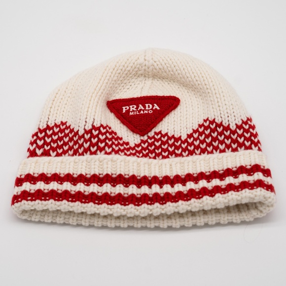 size L Prada Cashmere Beanie Hat Red White Christmas Triangle logo Wool - Picture 1 of 7